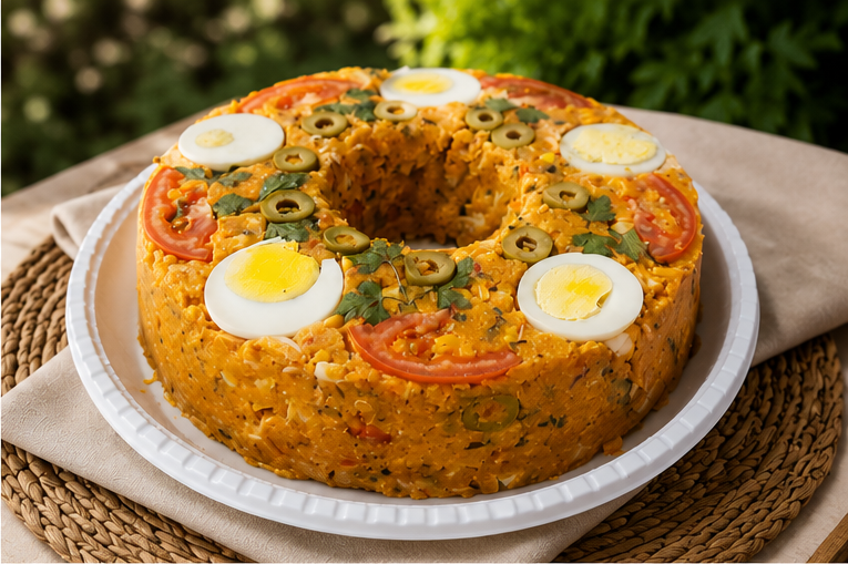 Cuscuz em prato branco com ovos e tomate